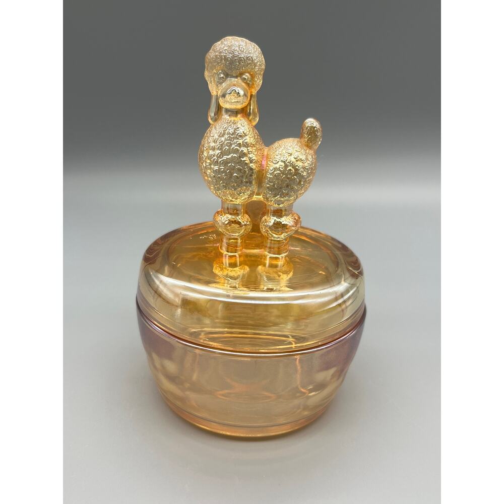 Antique Jeannette Marigold Iridescent Poodle Dog Powder Jar Trinket Glass READ